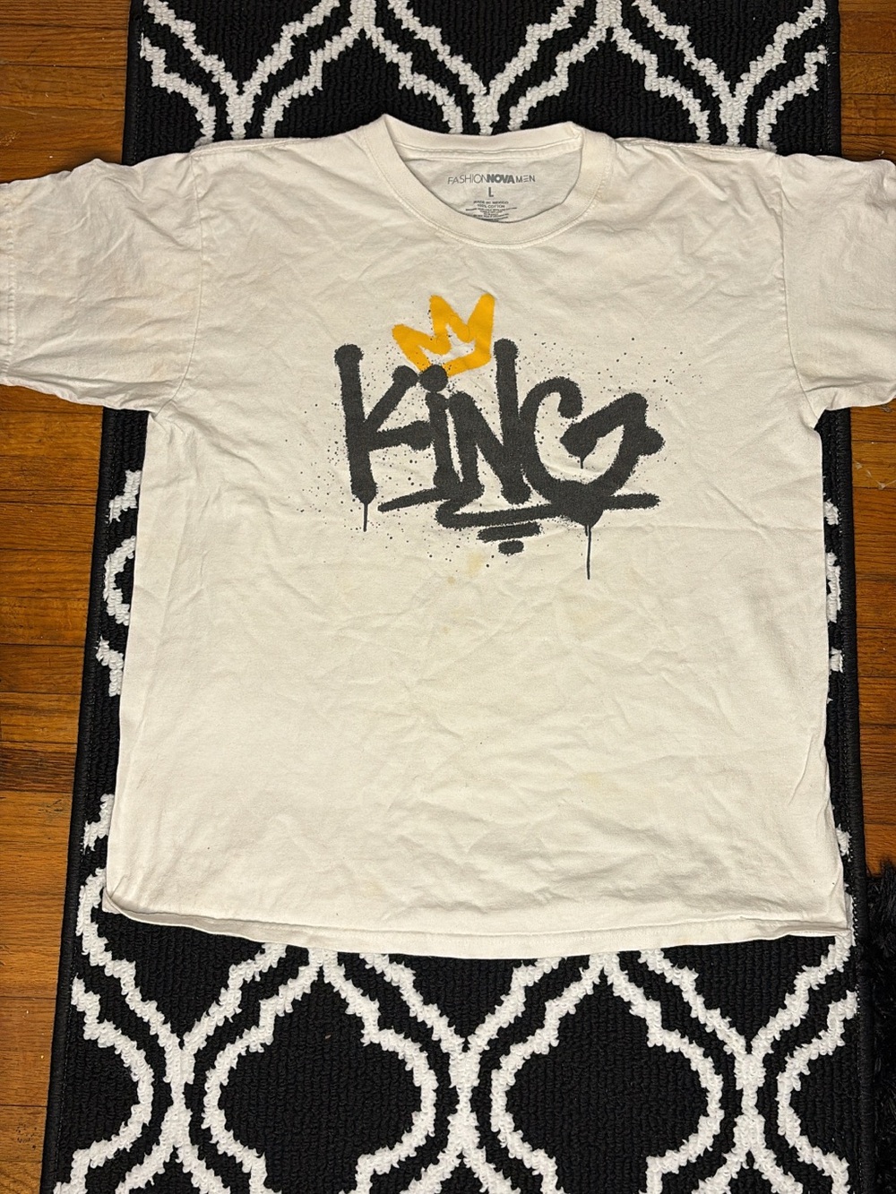 Fire King White Tee with Black 'KING' Graffiti and Yellow Crown